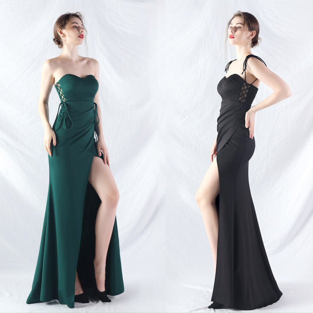 New trend two kinds of rope binding method waist setting ear satin evening dress