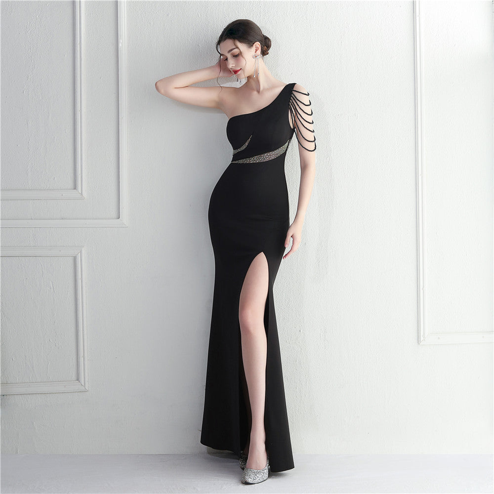 Hot Diamond Bead Craft Bridesmaid Hosting Party Sexy Shoulder Long Evening Dress