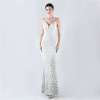 New fleece bottom gradual change bead sexy suspender evening dress