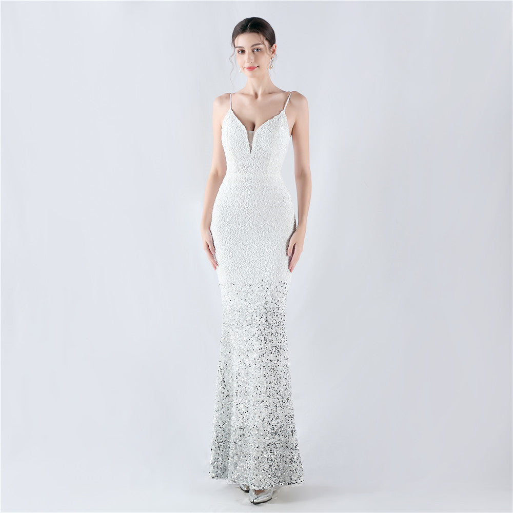 New fleece bottom gradual change bead sexy suspender evening dress