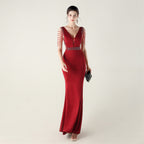 New deep V-neck high-density beads decorative slim-fitting evening dress banquet wedding performance