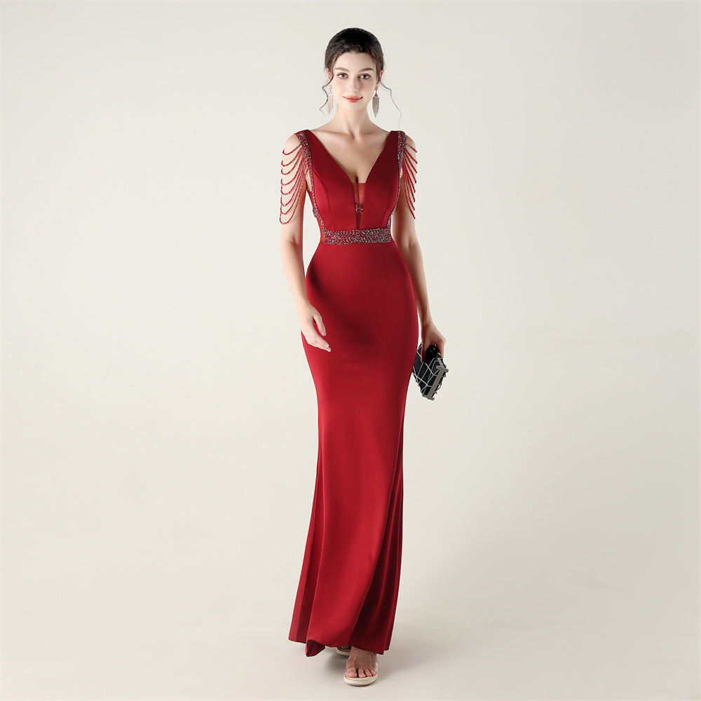 New deep V-neck high-density beads decorative slim-fitting evening dress banquet wedding performance