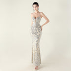 New Bead Embroidery Sequins Waist Strap Deep V Heart Suspender Evening Dress, Banquet Party