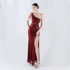 Dress positioning flower bead piece craft bead single shoulder oblique neck high fork evening dress