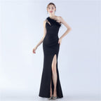 New craftsmanship Order ostrich hair banquet performance satin long evening dress