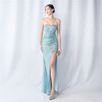 Symphony bead side split long suspender evening dress