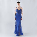 Heavy Industry Hot Drilled Fishbone Vest Lace Lace Bead High Fork Evening Dress