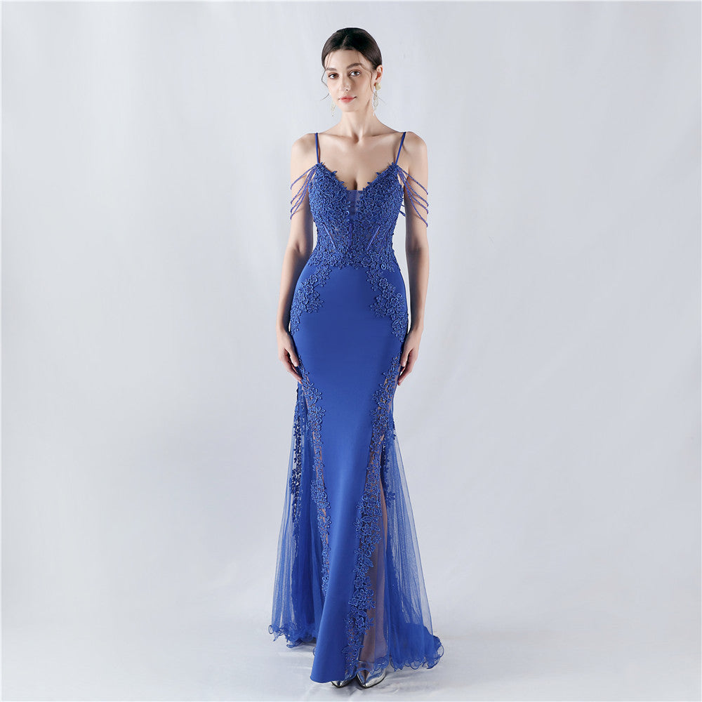 Heavy Industry Hot Drilled Fishbone Vest Lace Lace Bead High Fork Evening Dress