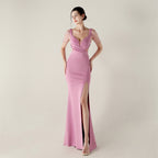 New bead pressing and folding process deep V-neck evening dress slim banquet robe