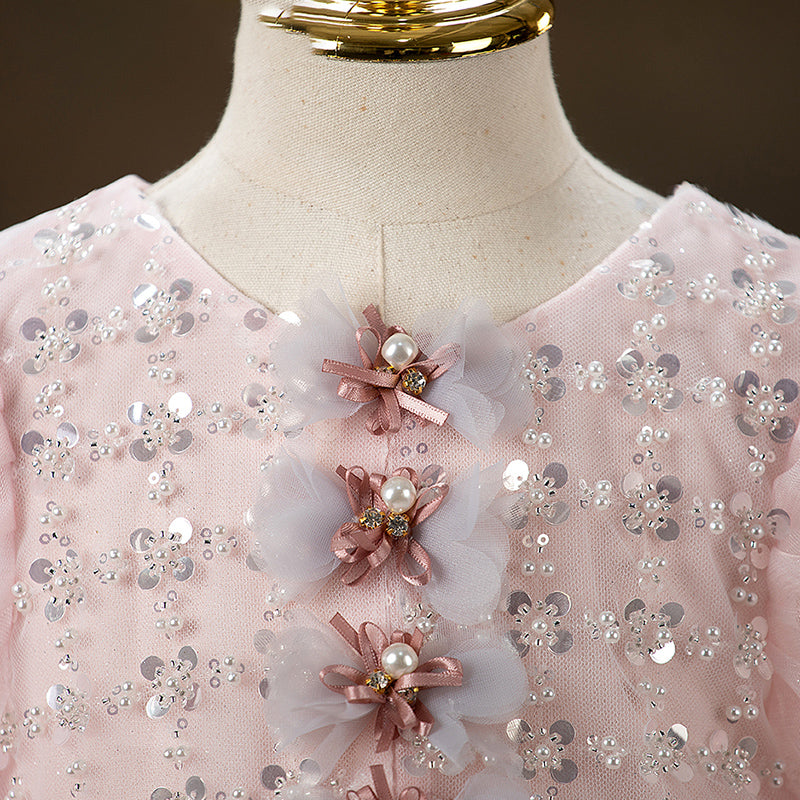 Vestido de verano para niña pequeña, de malla rosa con lentejuelas, para comunión, desfile, princesa 