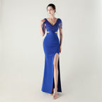 New folding positioning process bead chain shoulder decoration deep V hollow thin banquet evening dress