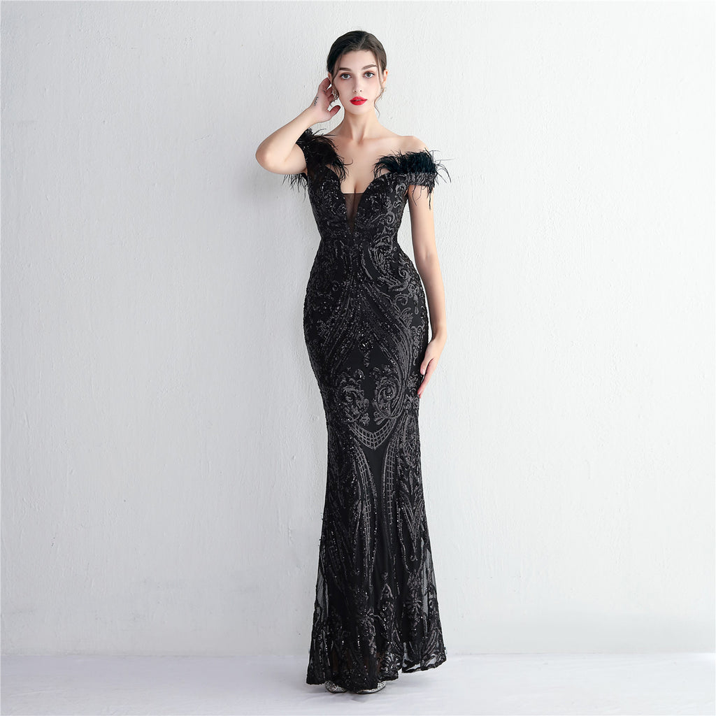 High density three-dimensional strong bead positioning flower craft handmade hair banquet slim sexy evening dress