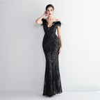 High density three-dimensional strong bead positioning flower craft handmade hair banquet slim sexy evening dress