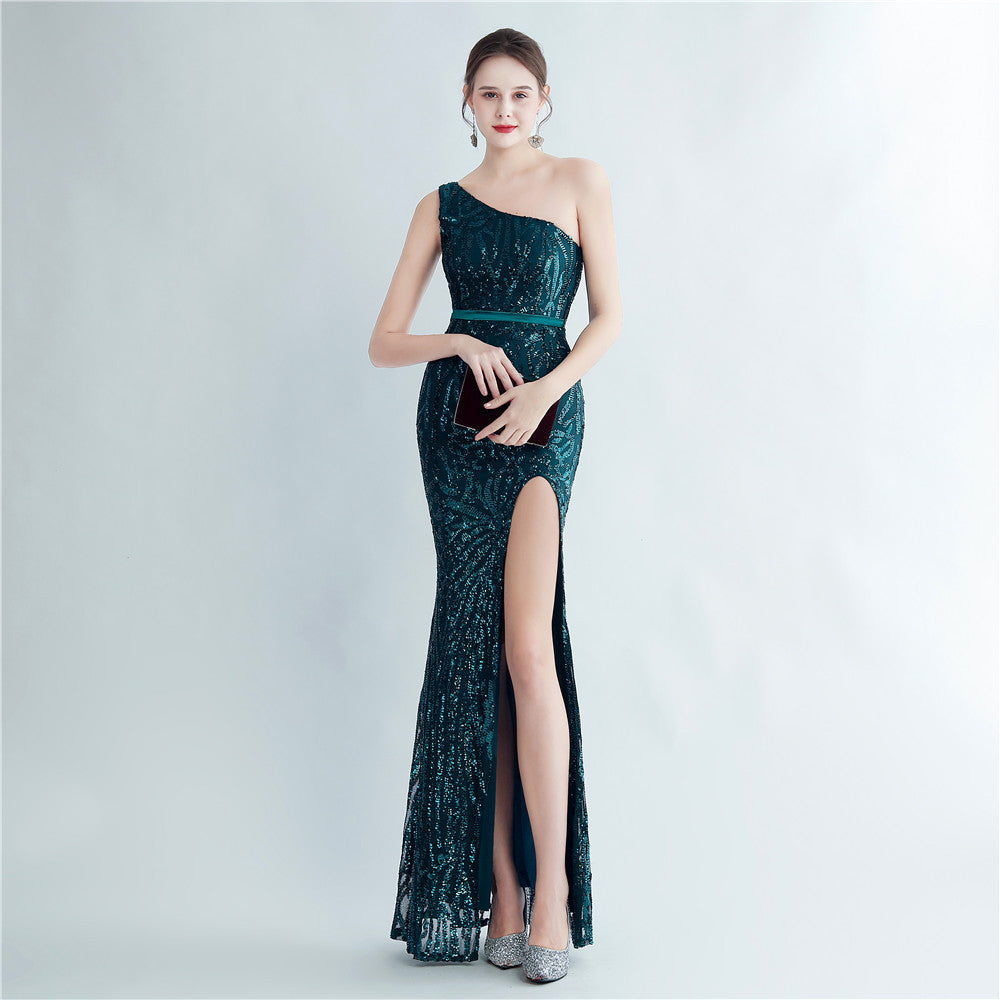 Positioning flower beads single shoulder diagonal collar side split fork long evening dress