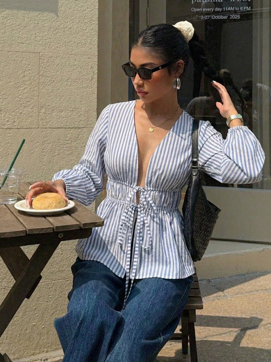 Elegant Stripe Long Sleeve Tie Blouse