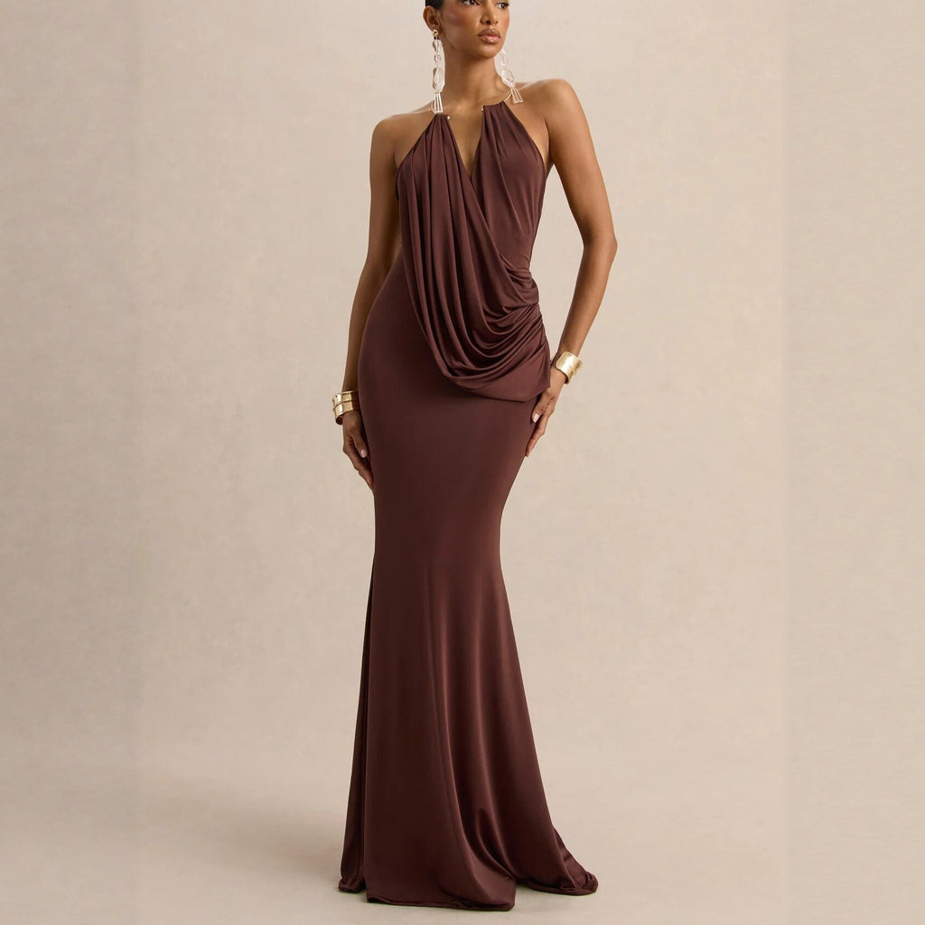 Ruffle Cowl Neck Bodycon Maxi Dress