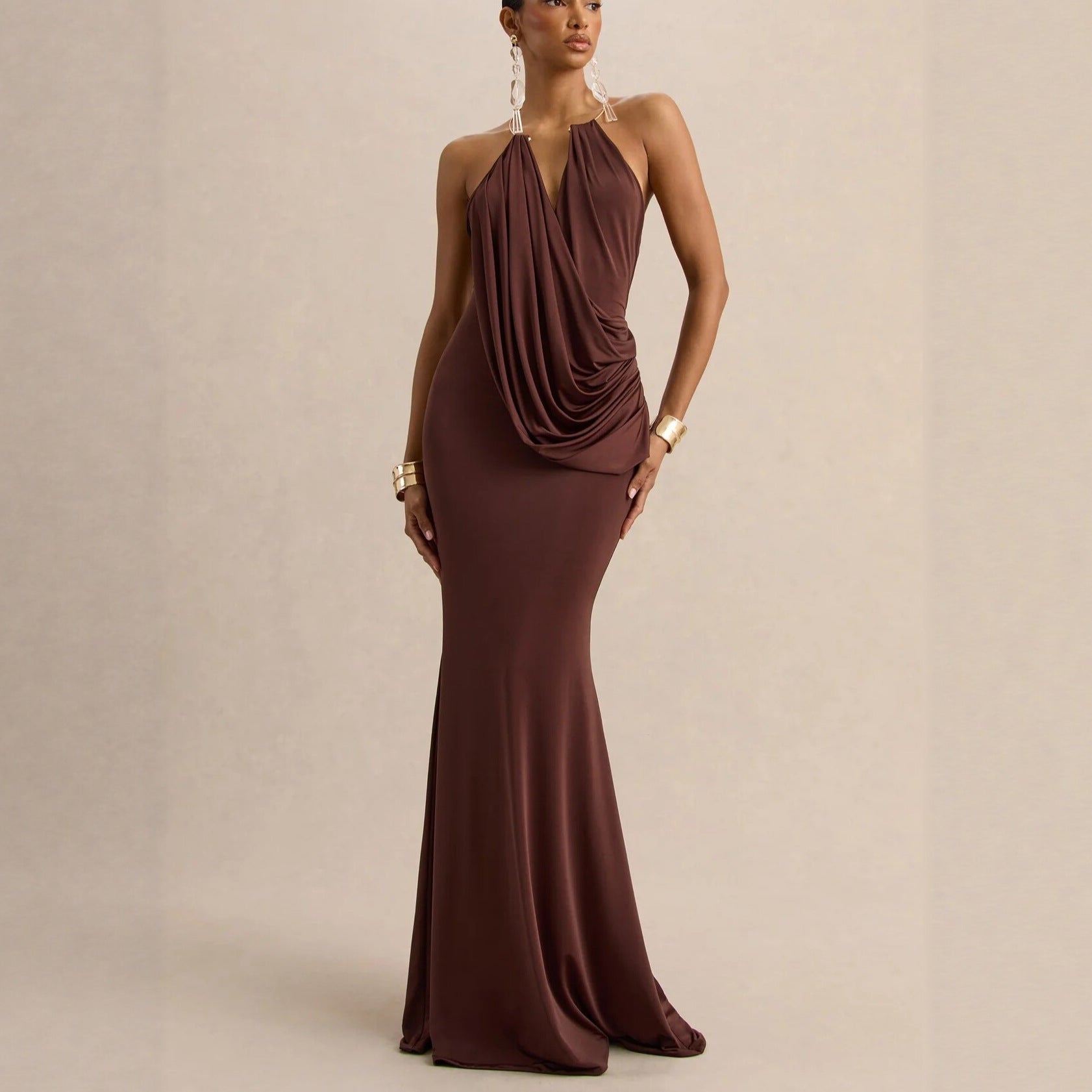 Ruffle Cowl Neck Bodycon Maxi Dress
