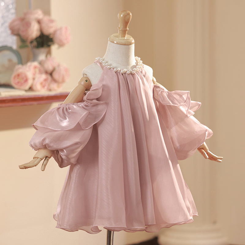 Prinzessinnenkleid für Mädchen zum Geburtstag und zur Kommunion, Perlenkragen, schulterfrei 