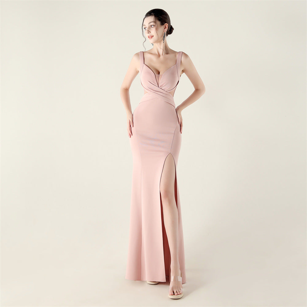 New cross-pleated hollow mesh deep V-neck evening dress slim banquet robe