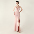 New cross-pleated hollow mesh deep V-neck evening dress slim banquet robe