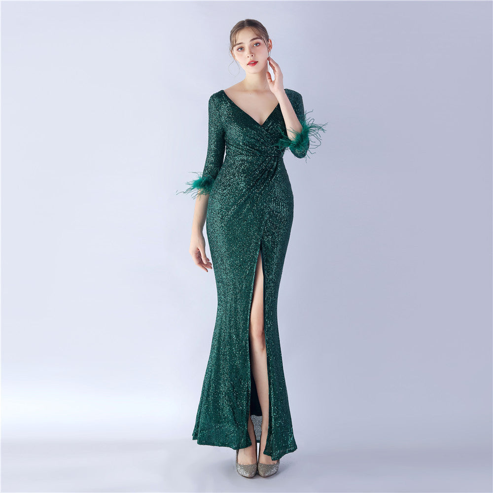 Craft ostrich sequin long-sleeved evening dress