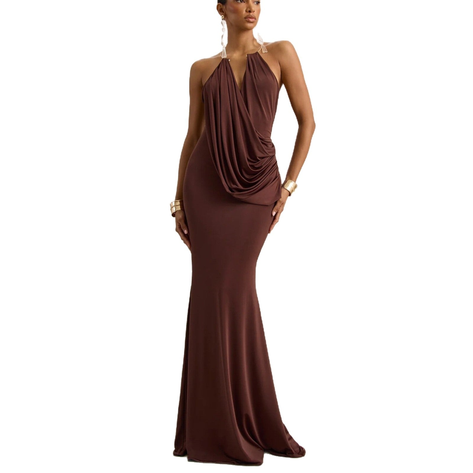 Ruffle Cowl Neck Bodycon Maxi Dress