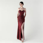 Dinner Focus, Premium, Sequined Fishbone Vest Beaded Suspender High Split Evening Gown