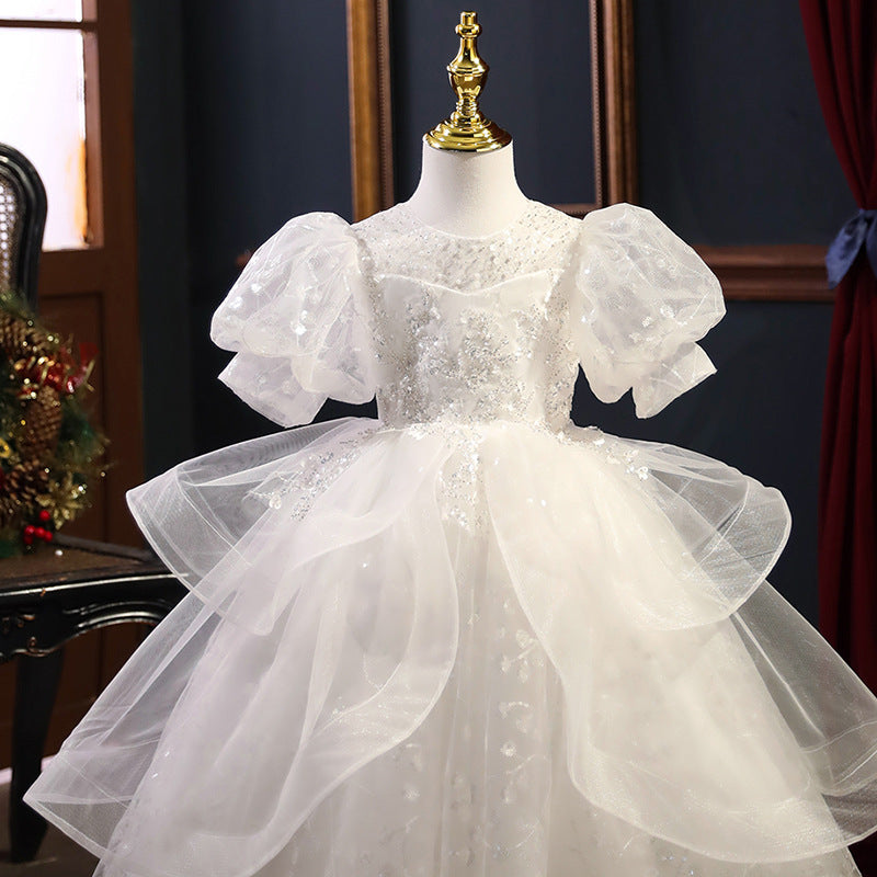 Kommunionskleid, elegantes weißes Paillettenkleid für Mädchen, festliches Prinzessinnenkleid 