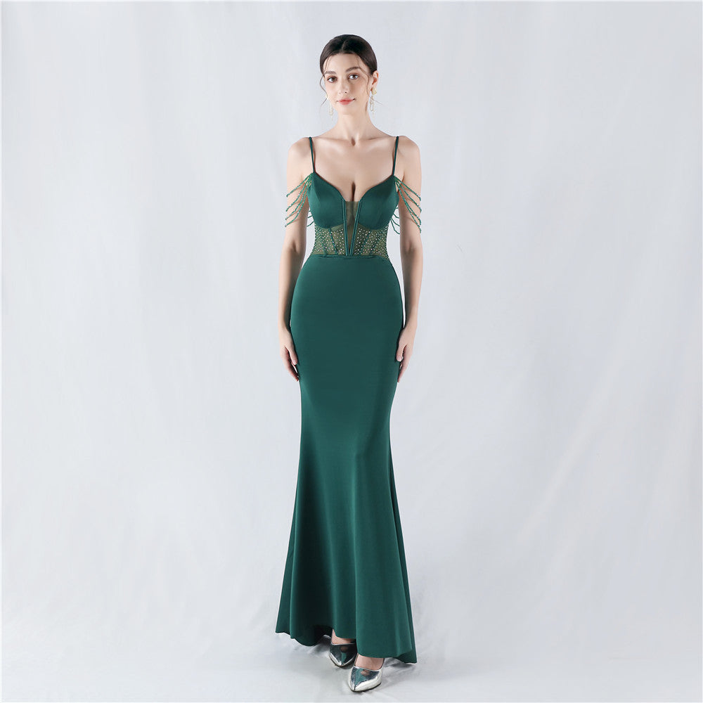 Evening dress waist fish bone beads hot diamond banquet performance host evening dress
