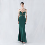 Evening dress waist fish bone beads hot diamond banquet performance host evening dress