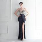 Fashion red carpet formal settings bead chain suspender long evening dress
