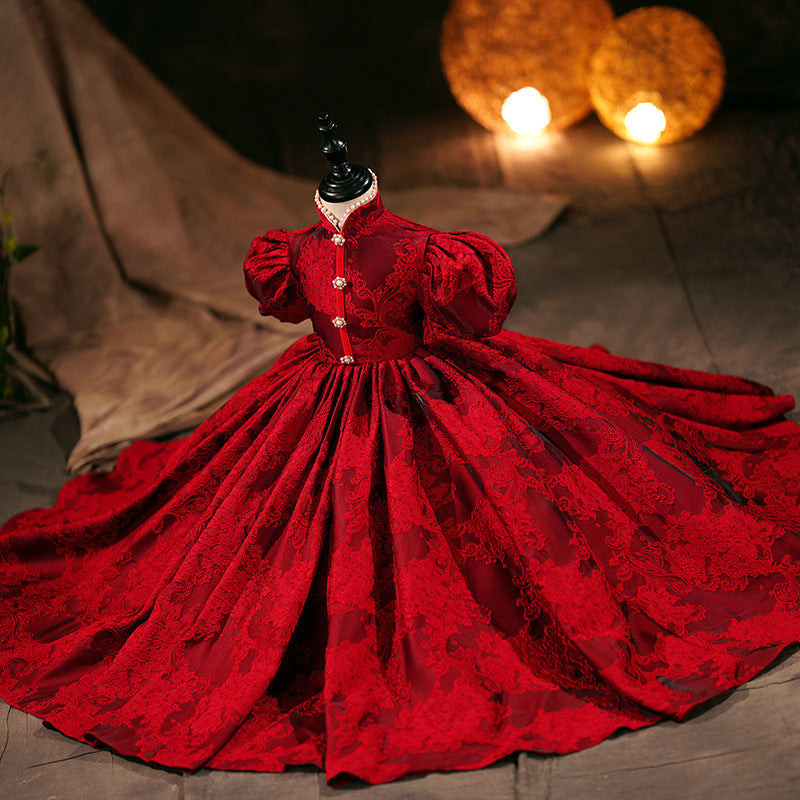 Mädchen Weihnachtskleid Mädchen Kommunionkleid Baby Mädchen Rot Festliches Kleid mit Puffärmeln und weitem Rock 