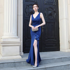 Bridal long sleeveless red thank you banquet slim fishtail skirt wedding car model exhibition dress