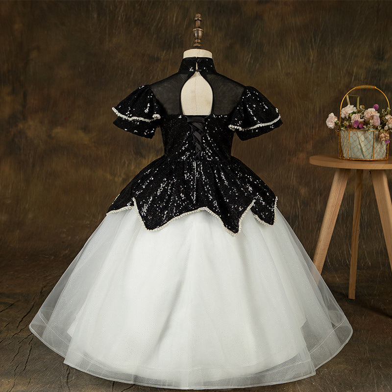 Vestido de primera comunión para niña, vestido de fiesta de cumpleaños infantil con bordado de lentejuelas y fruncido. 