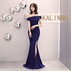 One-word shoulder banquet evening dress women's fashion party long elegant and thin sexy fishtail dress