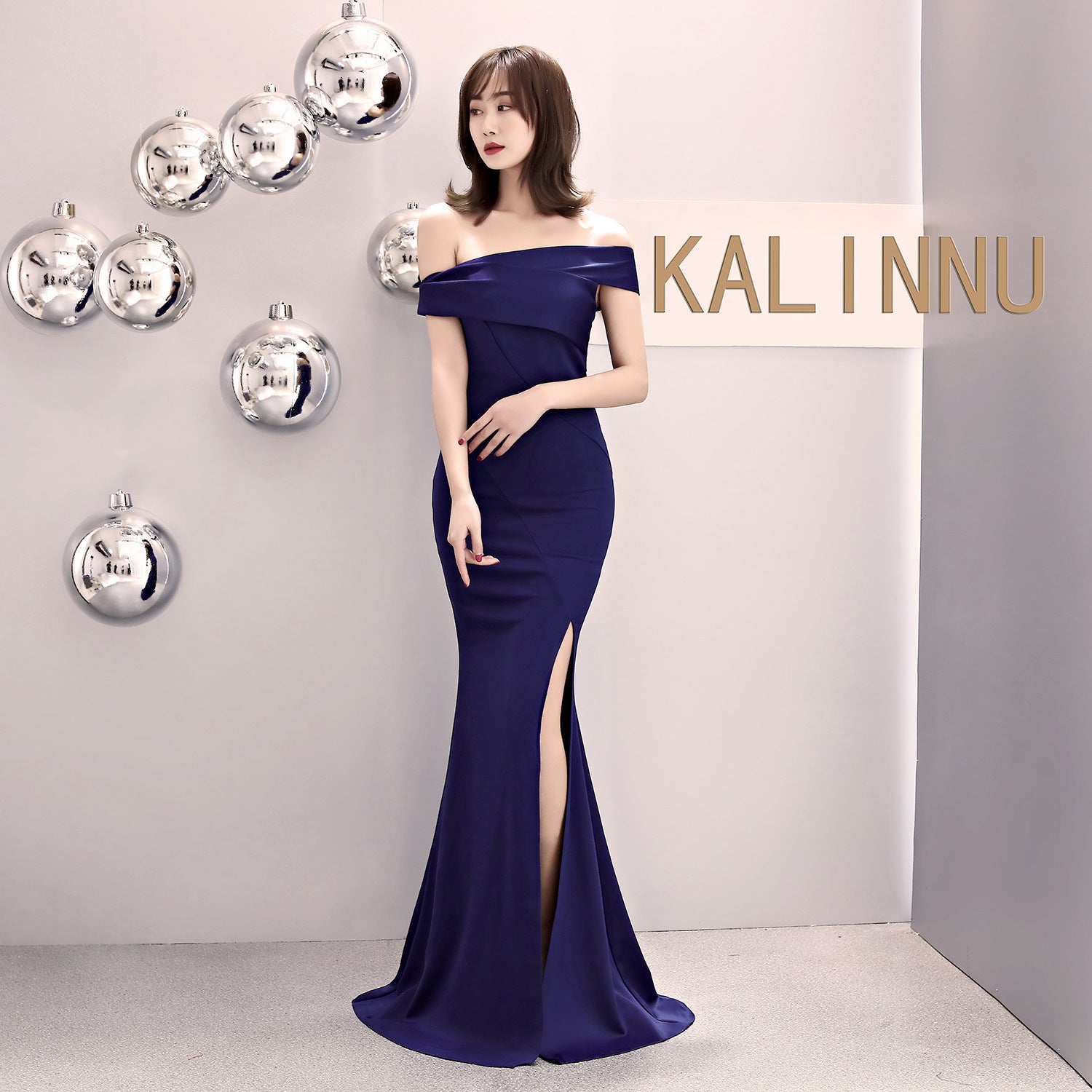 One-word shoulder banquet evening dress women's fashion party long elegant and thin sexy fishtail dress