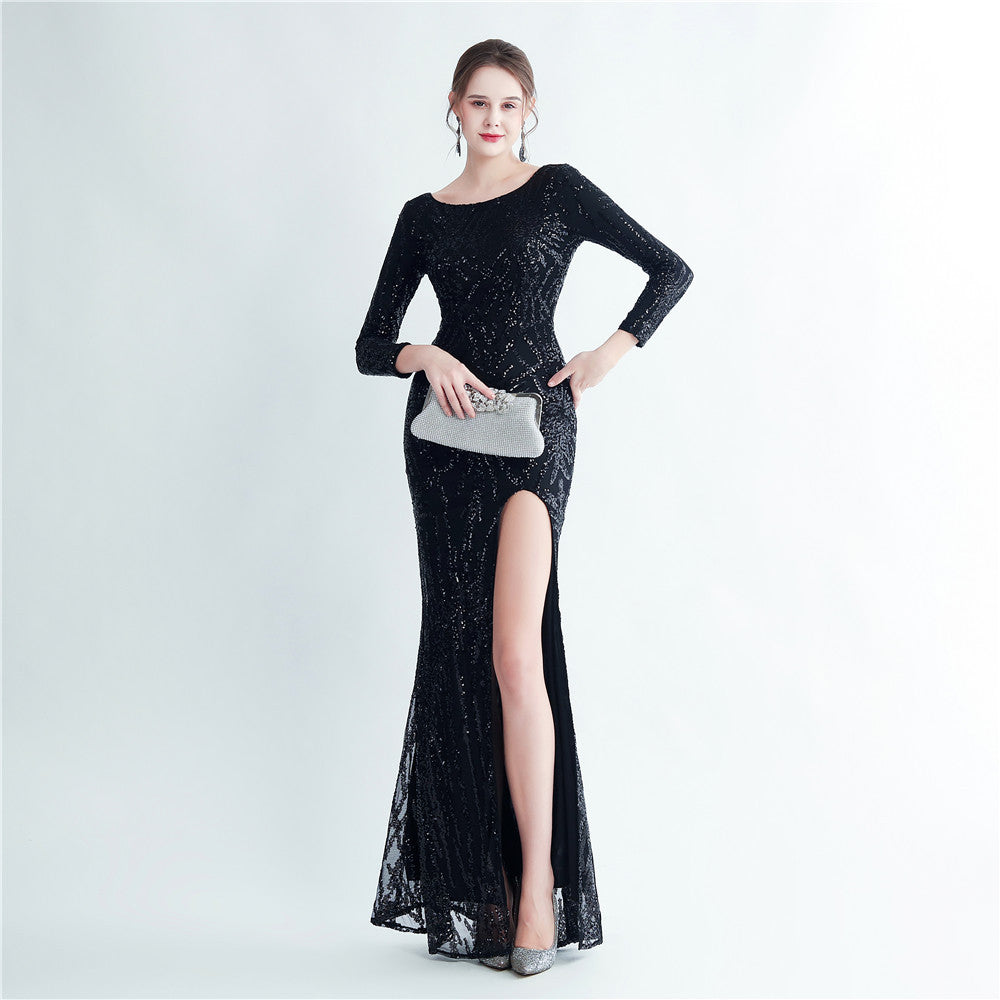 New sequined long-sleeved test split high-end evening dress