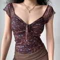 Ruched Floral V Neck Slim Sexy Blouse