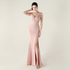 New bead pressing and folding process deep V-neck evening dress slim banquet robe
