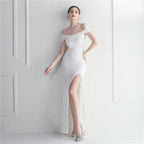 Classic explosive sequined version one-word neck split fork bridesmaid etiquette event celebration slimming and shaping long models
