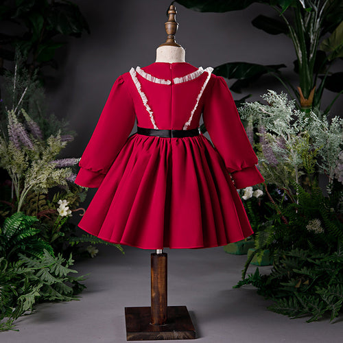 Baby Girl Dress Toddler Flower Formal Communion Elegant Red Autumn Bead Princess Dress