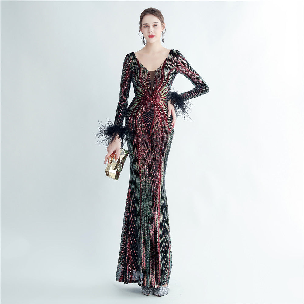 New product positioning flower bead piece craft ostrich hair high-end long-sleeved evening dress