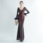 New product positioning flower bead piece craft ostrich hair high-end long-sleeved evening dress