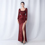 New craft nailed ostrich bead long-sleeved evening dress