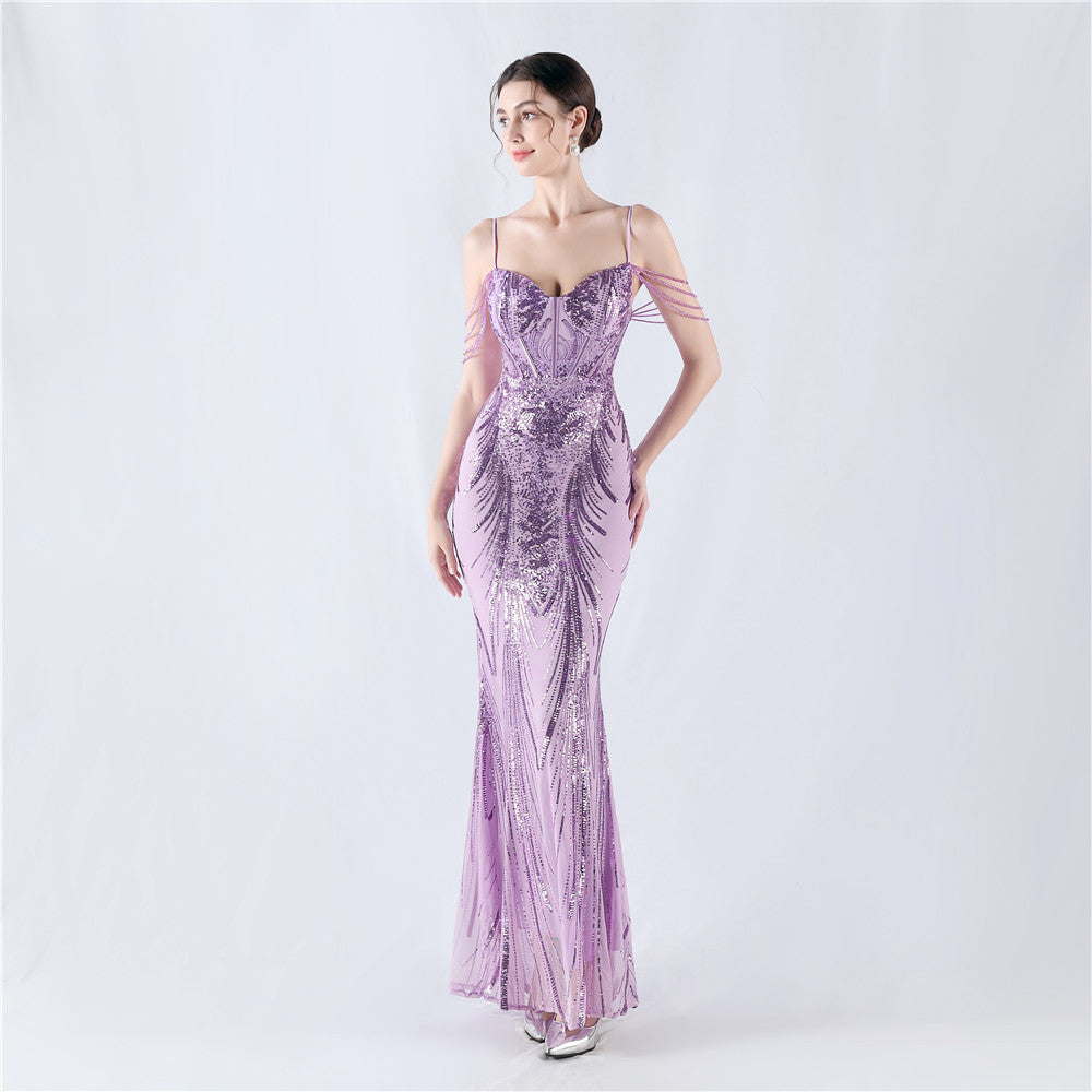 New waist fish bone shaping positioning flower beads live streaming host sexy bead suspender evening dress