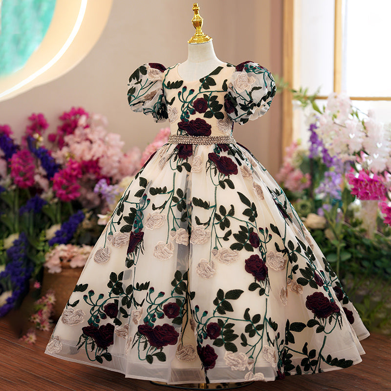 Vestido de niña pequeña para comunión, mangas abullonadas, bordado de rosas, vestido de princesa para fiesta de boda 