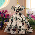 Vestido de niña pequeña para comunión, mangas abullonadas, bordado de rosas, vestido de princesa para fiesta de boda 