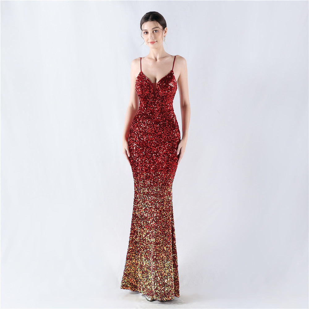 New fleece bottom gradual change bead sexy suspender evening dress