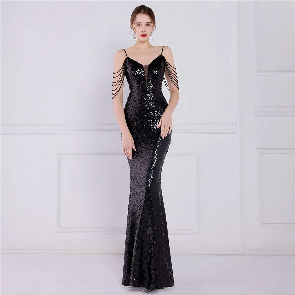 New sequined fishtail long dress performance Internet celebrity event banquet car model etiquette evening dress