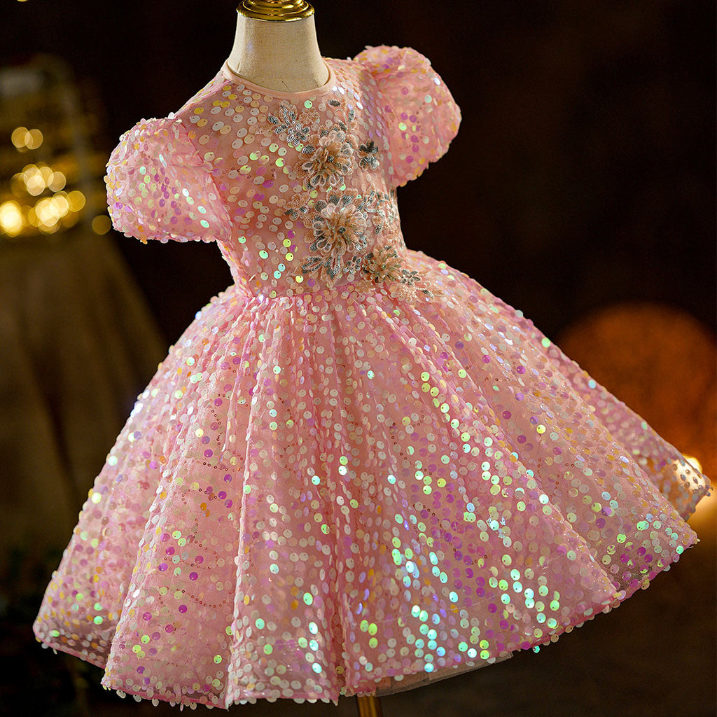 Vestido de primera comunión con lentejuelas rosas para niña, vestido de princesa para cumpleaños de niña pequeña 